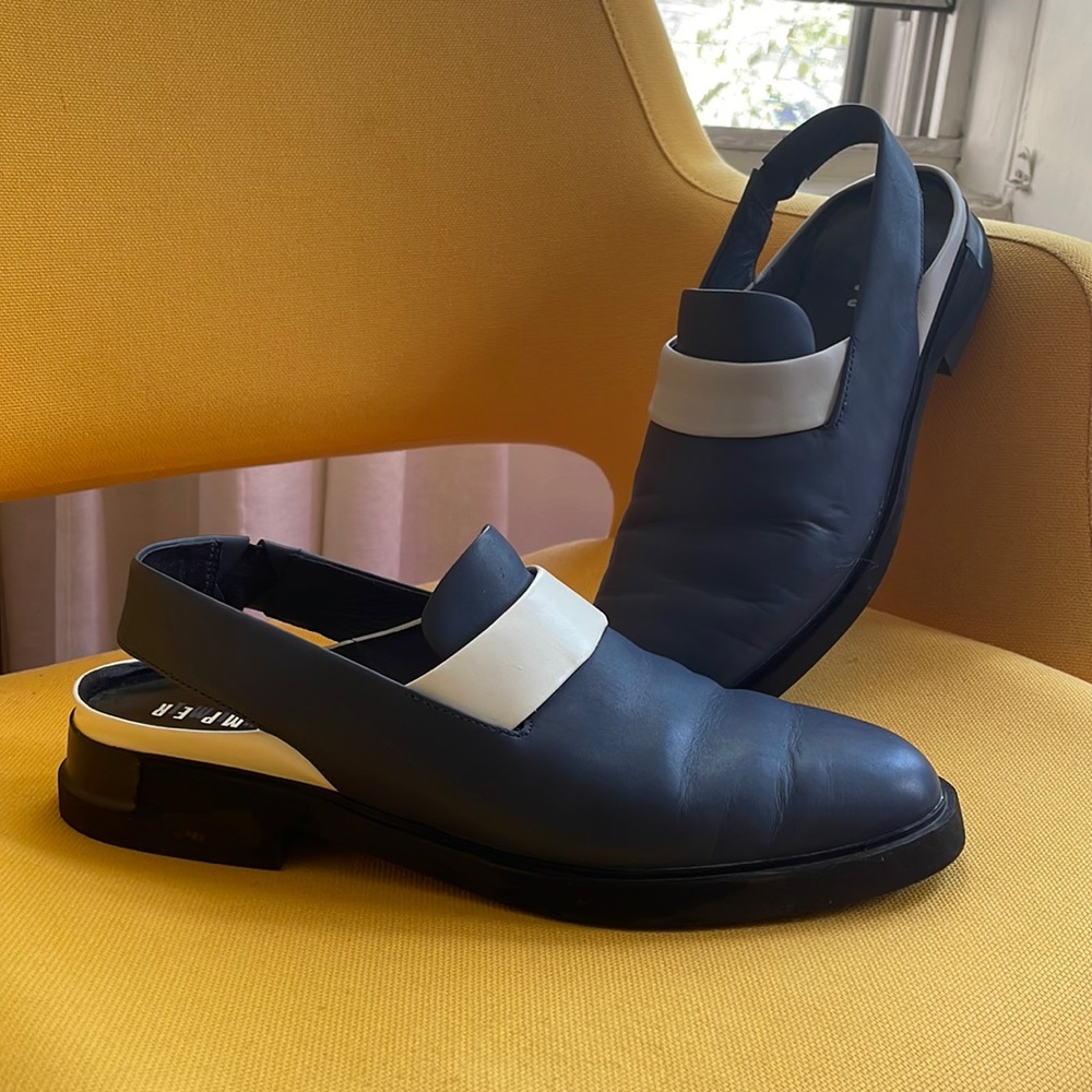 Women's Navy Slingback Loafers with White Strap